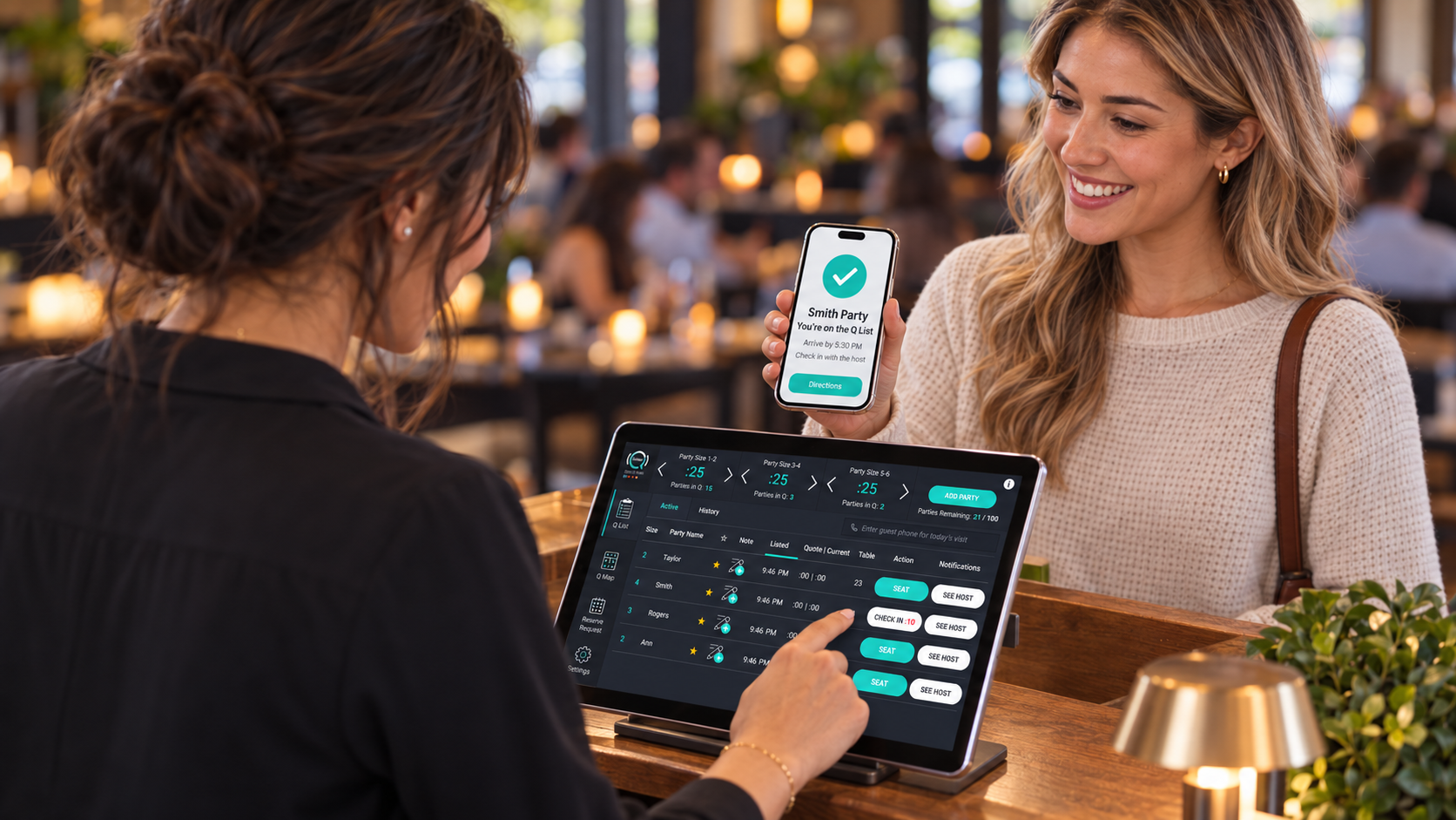 Three-step guest waitlist and check-in flow on mobile phones