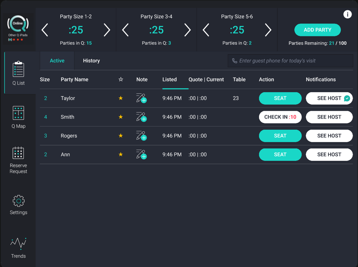 QaTable Q List host-stand screen showing active waitlist parties and table status