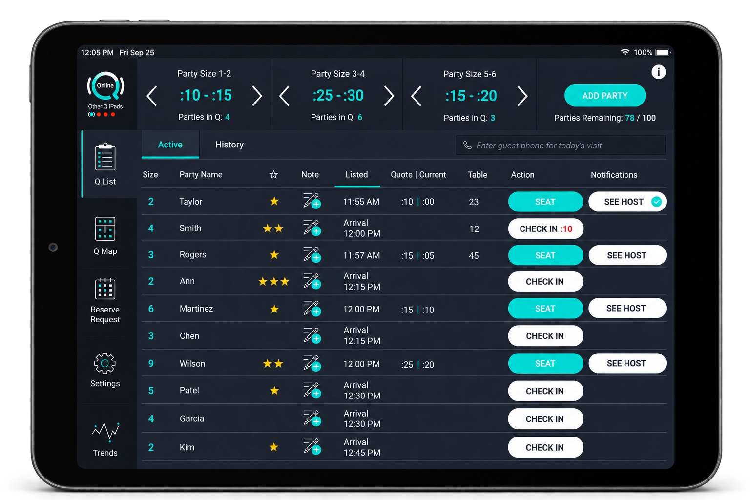 Q List host-stand screen showing walk-ins, online arrivals, and reservations in one view
